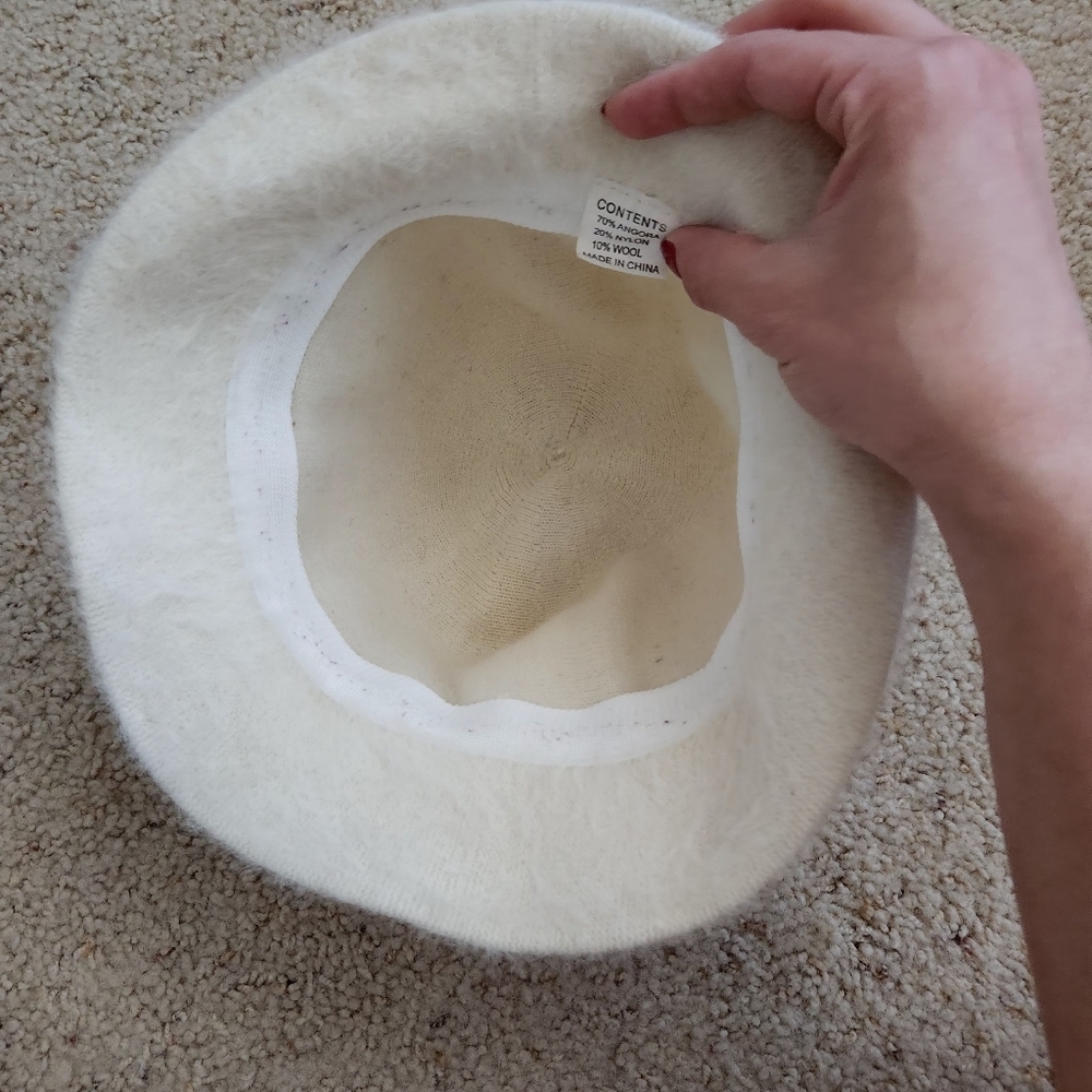 Womens Vintage Fluffy Cream Bucket Hat Zebra Band Angora Wool Blend y2k - Picture 3 of 8